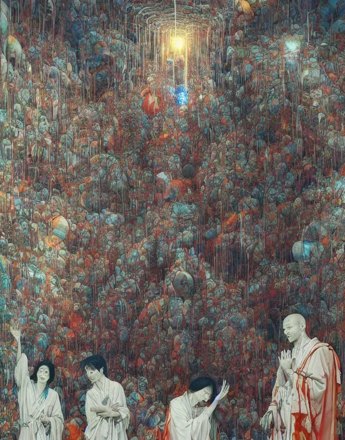 Image similar to worshippers in robes gather around the big glowing crystal, big glowing crystal radiating white light, interior, high detailed beksinski painting, part by adrian ghenie and gerhard richter. art by takato yamamoto. masterpiece, deep colours