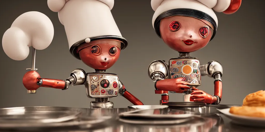 Image similar to closeup portrait of tin toy retro robot chef cooking pastry in a kitchen, depth of field, zeiss lens, detailed, centered, fashion photoshoot, by nicoletta ceccoli, mark ryden, lostfish, breathtaking, 8 k resolution, extremely detailed, beautiful, establishing shot, artistic, hyperrealistic, octane render