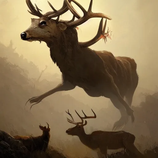 Image similar to !dream a large pile of dead deers and birds falling out of it, a concept art in style of Greg Rutkowski, John Singer Sargant, painted by Frank Frazetta, trending on artstation