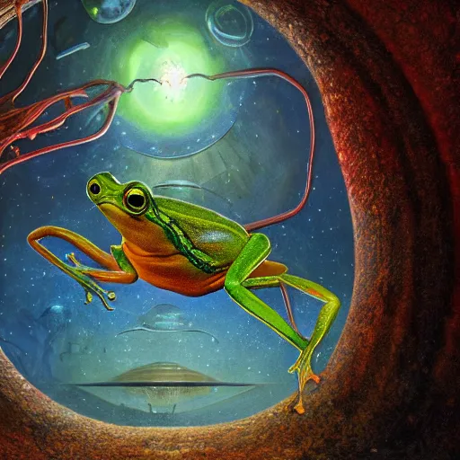 Image similar to long shot of an alien frog, by esao andrews, by m. w. kaluta, by james web telescope, ultra humorous beautiful oil painting, cinematic space scenery, small depth of field, depth perception, volumetric light, rich colors, 3 d octane render, 8 k, conceptart, hyperdetailed, hyperrealistic, trending on artstation