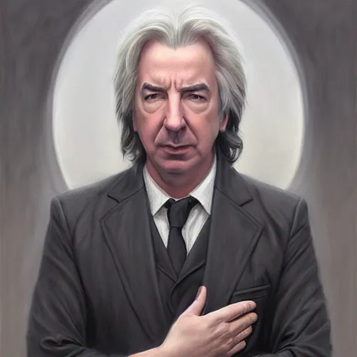 Prompt: portrait of Alan Rickman, detailed, centered, digital painting, artstation, concept art, by donato giancola, Sean Yoro, Greg Rutkowski, trending on Artstation, Joseph Christian Leyendecker, WLOP, Boris Vallejo, dark, moody, foggy