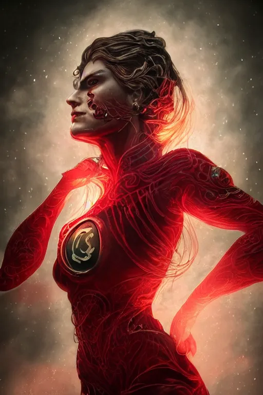 Prompt: Majestic and regal portrait of a female red Lantern, DC universe, Perfect face, beautiful, intricate, epic, elegant, menacing, fantasy, highly detailed, digital painting, hard focus, beautiful volumetric lighting, epic light, ultra detailed, Horror, souls, ghosts, smoke by Leesha Hannigan, Ross Tran, Thierry Doizon, Kai Carpenter, Ignacio Fernández Ríos