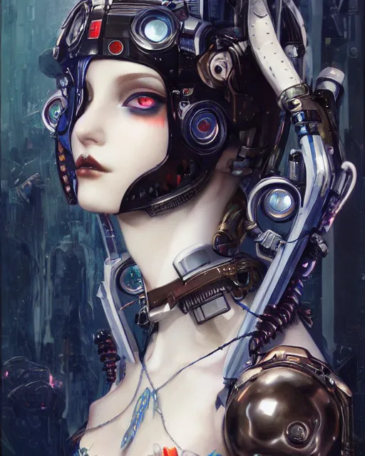 Prompt: portrait of cute beautiful young goth cyborg maiden, cyberpunk, Warhammer, highly detailed, artstation, illustration, art by Gustav Klimt and Range Murata