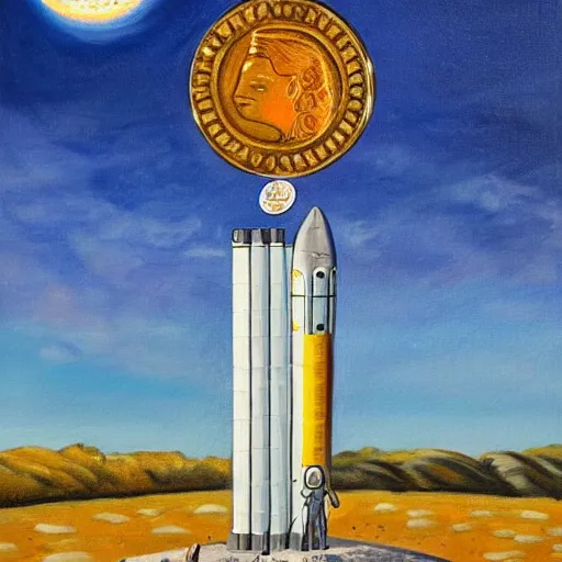 Prompt: a painting of a giant coin on top of a rocket shooting towards the moon