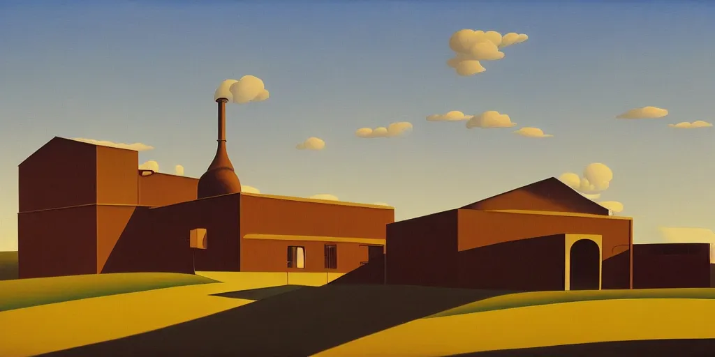 Image similar to factory, blue sky, summer evening, kenton nelson