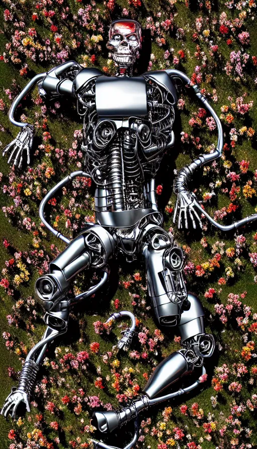 Image similar to destroyed terminator lying in a field of flowers, twisted metal, chrome, reflections, anthropomorphic, photorealism, smoke, metal, 8 k, surreal, wires, smooth, sharp focus, top view, extremely detailed, hyperrealism, elegant, establishing shot, by jeff koons, artgerm and greg rutkowski