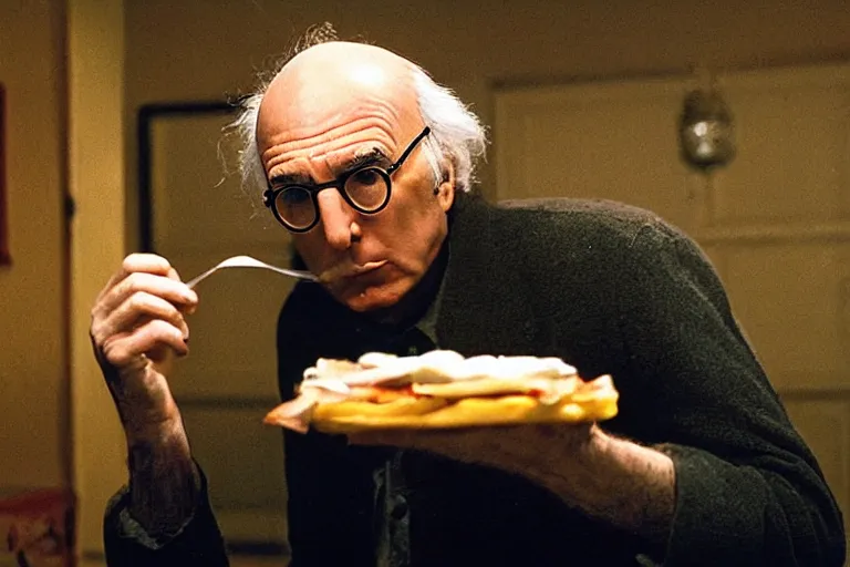 Image similar to larry david eating a sandwich, horror film still, dark atmosphere, found footage, nightmare, unsettling, cinematic, dim lighting, pain, agony, suffering