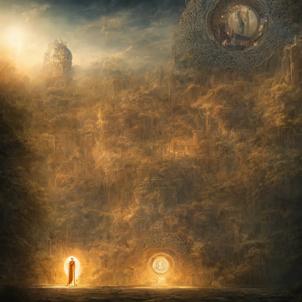 Prompt: solarpunk God and his time machine, fantasy, intricate, elegant, highly detailed, digital painting, concept art, smooth, sharp focus, illustration, divine realm of gods, realistic cinematic style, filmed in 70mm, volumetric lighting, octane render, photographic, concept art, artist Leonardo DaVinci, unreal engine, 8k