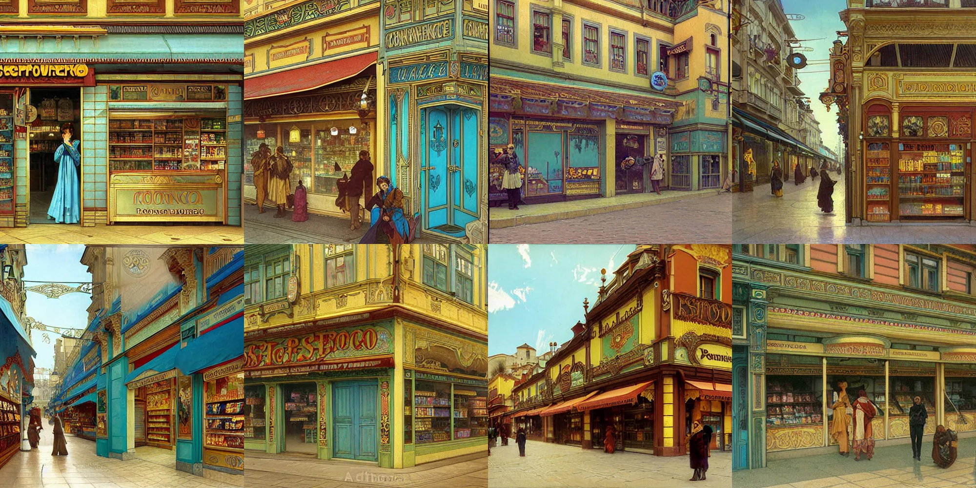 Prompt: A fantasycore of a convenience store with photograph of 2022 portugal lisbon on the street of a very highly detailed logital eldritch city matte painting art by alphonse mucha, a 12x(very) much logical detailed Dimensional cyan gold natural light, highly logical and striking detailed architecture by alphonse mucha