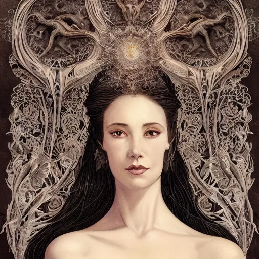 Image similar to facial portrait of a young pretty woman in flowing dress, arrogant, mysterious, long fine flowing hair, delicate, looking at camera, slightly awkward smile, realistic face, hands behind back, intricate, stylish, elegant, grimdark fantasy, flowers, extremely detailed painting inspired by Gerald Brom and Ernst Haeckel and Greg Rutkowski