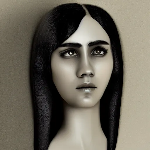 Prompt: portrait sculpt of beautiful black haired female angel, shameful, sad, dark