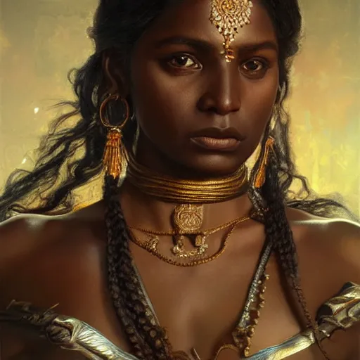 Prompt: portrait painting of a black muscular south indian woman, sari, ultra realistic, concept art, intricate details, eerie, horror, highly detailed, photorealistic, octane render, 8 k, unreal engine. art by artgerm and greg rutkowski and alphonse mucha