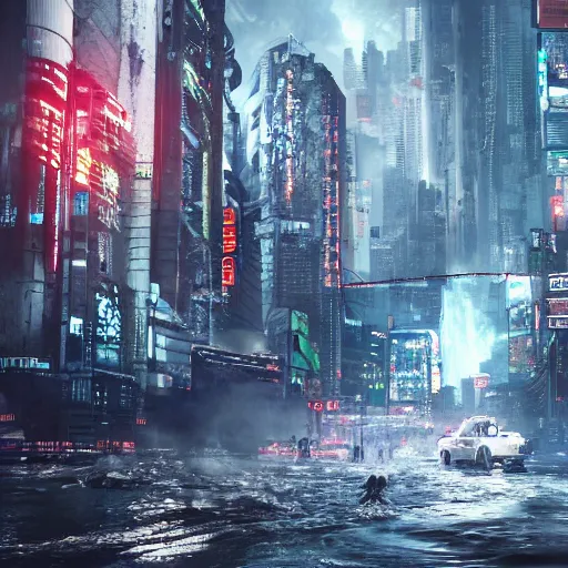 Image similar to a giant terrifying stream destroying a dystopian city, cyberpunk, sharp focus, dynamic lights, still, photograph, hyper realistic, masterpiece, octane render, rendered, 3 d, cinematic, cinematic lighting, dramatic lighting, highly detailed, intricate details, texture, cinematic composition, by donglu yu and kevin jick and eddie del rio