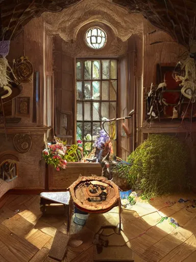 Prompt: a powerful magician in his tower. table full of magical artifacts. weeds and flowers growing on the floor and roof. intricate, elegant, highly detailed, digital painting, artstation, concept art, sharp focus, illustration, by justin gerard and artgerm, 8 k