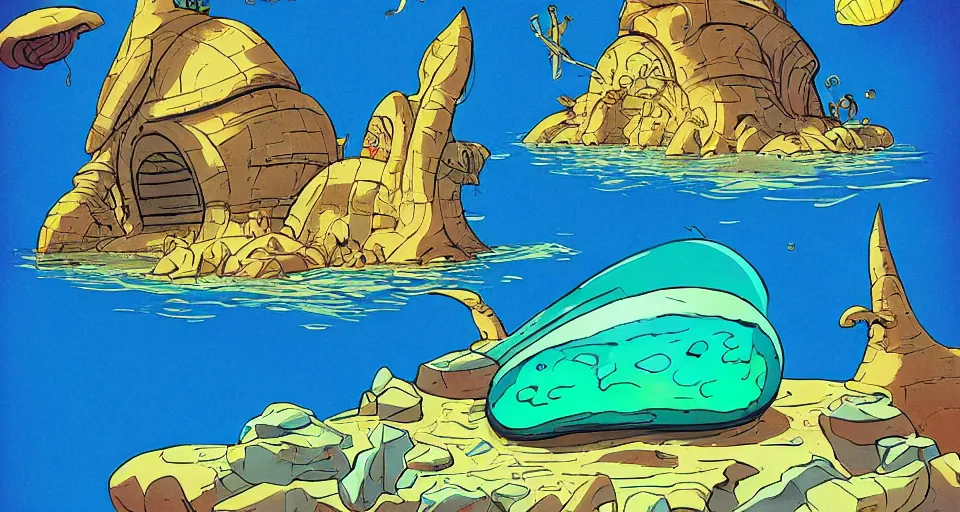 Image similar to giant abalone - shaped seashell house in the ocean by dr seuss, ralph mcquarrie, in the style of zelda windwaker, triadic color scheme, cell shading, 3 d