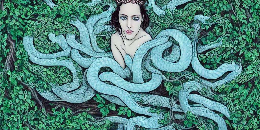 Image similar to queen of snakes, pale blue skin and emerald eyes, wearing a crown of vines