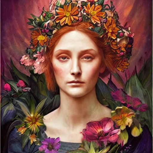 Prompt: flower queen, by annie swynnerton and tino rodriguez and charlie bowater, dramatic lighting, floral tattoos, rich colors, smooth sharp focus, extremely detailed, adolf wolfli