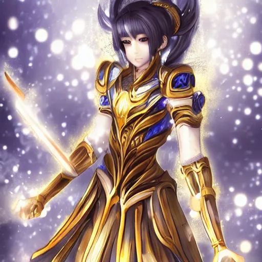 Image similar to portrait focus of knight beautiful 3D anime girl, golden Frozen ice armor wearing, dark forest background, snowing, bokeh, inspired by Masami Kurumada, digital painting, high contrast, unreal engine render, volumetric lighting, high détail