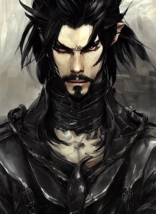 Image similar to Half body portrait of a handsome elven warrior with long black hair and facial hair wearing a black jacket. In style of Yoji Shinkawa and Hyung-tae Kim, trending on ArtStation, dark fantasy, great composition, concept art, highly detailed.