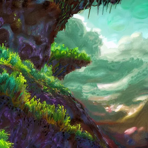 Image similar to digital painting of a lush natural scene on an alien planet by alayna danner. beautiful landscape. weird vegetation. cliffs and water.