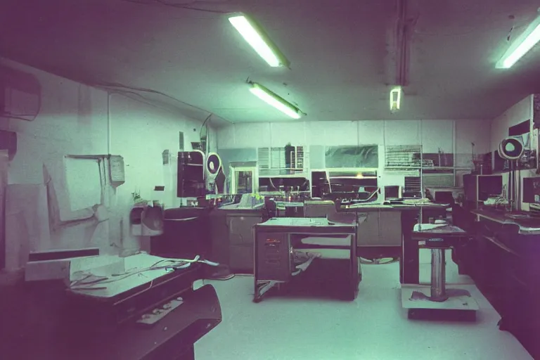 Prompt: AOC inside of a 1970s science lab, neon lights, dirty, ektachrome photograph, volumetric lighting, f8 aperture, cinematic Eastman 5384 film