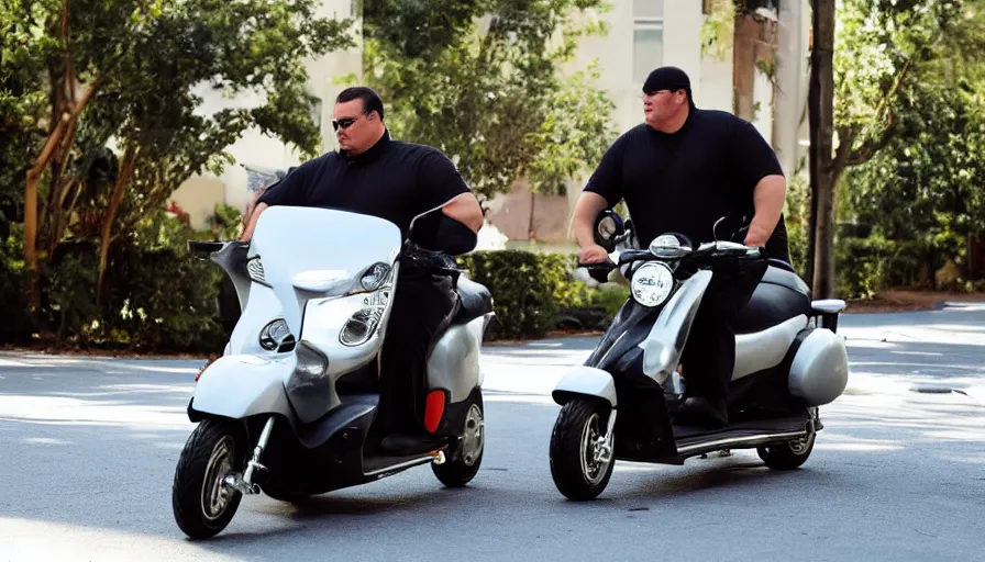 Image similar to obese Steven Seagal riding a mobility scooter, action cinematography