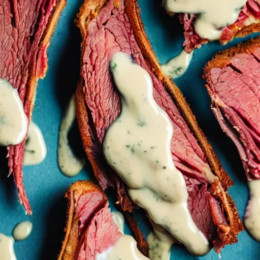 Image similar to wide open flaky pastrami leaking white bechamel sauce, close up food photography