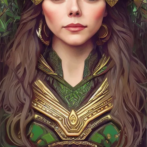 Image similar to Elizabeth Olsen as a elf archer, cute, fantasy, intricate, elegant, highly detailed, centered, digital painting, artstation, concept art, smooth, sharp focus, illustration, art by artgerm and H R Giger and alphonse mucha