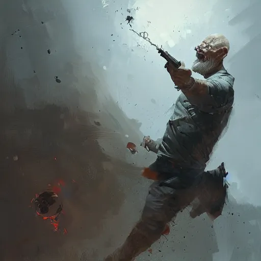 Image similar to old man, throwing hand grenade, greg rutkowski art