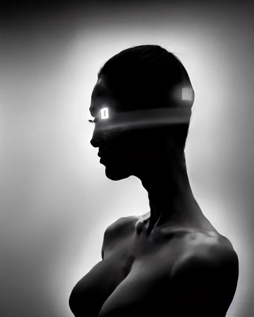 Image similar to black and white high quality photo of a beautiful female AI vegetal-cyborg looking into a sci-fi mirror, volumetric lighting, liminal space, brutalism, foggy, dreamy, hyperdetailed, bokeh, photorealistic, cinematic, masterpiece, Metropolis, elegant, dark, in the style of Horst P. Horst, octane render, 8K,