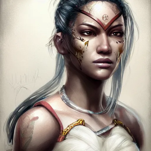 Image similar to beautiful, very strong, mixed race, female, middle aged, face, no makeup, warrior, head shot, fantasy, highly detailed, digital painting, artstation, concept art, smooth, sharp focus, illustration, art by jodie muir and brom