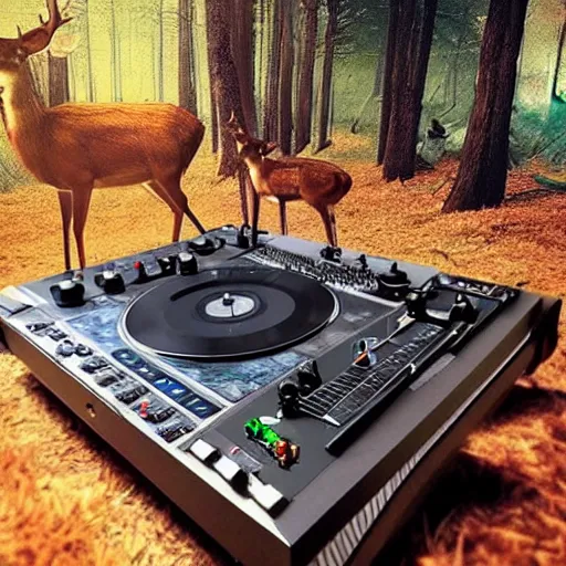 Image similar to “a deer dj playing on turntables, hyperexpressive beatiful matte painting, dynamic scene”