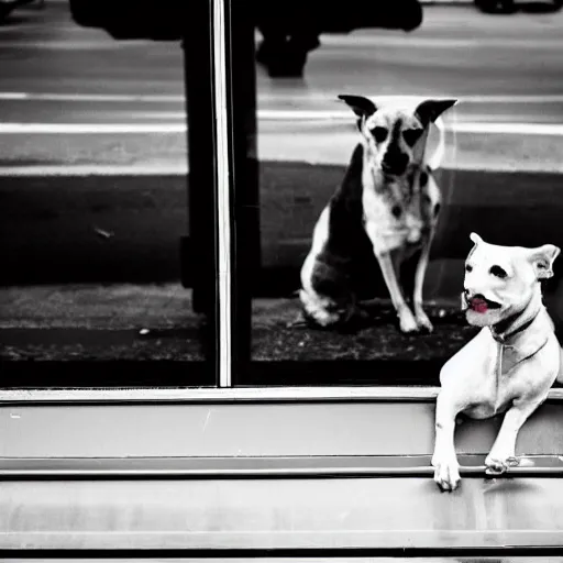 Image similar to !dream a street photo of two dogs sitting in front of the bus