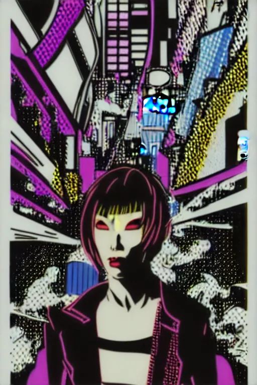 Image similar to futuristic japanese cyberpunk by roy lichtenstein, by andy warhol, ben - day dots, pop art, bladerunner, pixiv contest winner, cyberpunk style, cyberpunk color scheme, mechanical, high resolution, hd, intricate detail, fine detail, 8 k