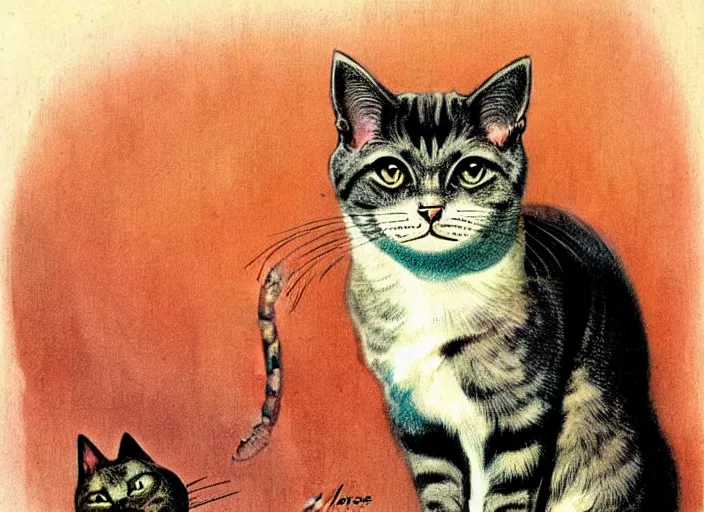 Image similar to 1 9 5 0 s retro - future cat android, forrest in background, muted colors, by jean baptiste monge, chrome red