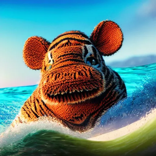 Image similar to a closeup photorealistic photograph of a cute smiling knitted tiger hippopotamus riding a wave at sunset. surf in background. professional capture. brightly lit scene. this 4 k hd image is trending on artstation, featured on behance, well - rendered, extra crisp, features intricate detail, epic composition and the style of unreal engine.