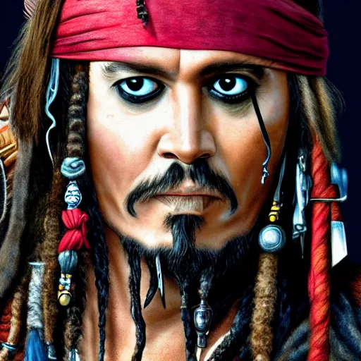 Prompt: jack sparrow with a parrot on the shoulder, portrait, professional photograph, 8k resolution, hyper detailed, realistic eyes