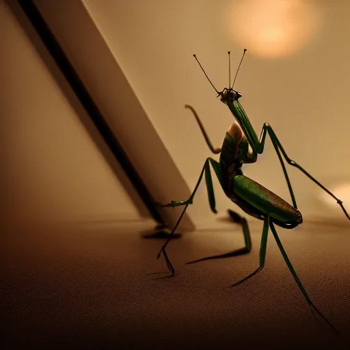 Image similar to praying mantis in a suit, upset, 4 k photograph, cinematic lighting,