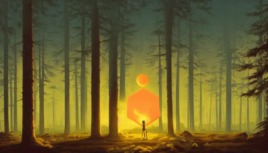 Image similar to hexagon in front of the sun, at sunset, forest in the foreground, simon stalenhag