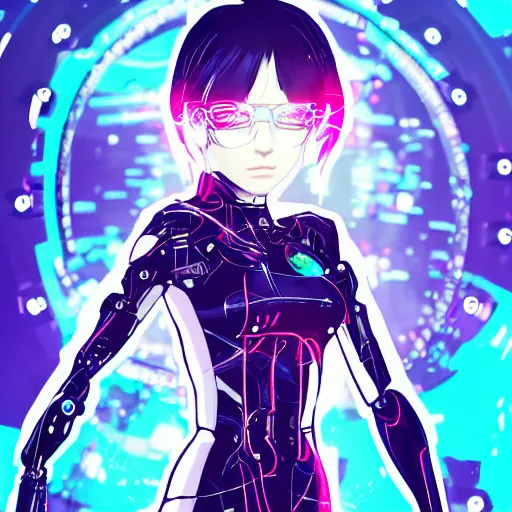 Image similar to full round symmetrical face!, digital cyberpunk anime!!, shattered cyborg body, girl in the style of arcane!!!, lightning, raining!!, water refractions!!, black long hair!, biomechanical details, neon background lighting, reflections, wlop, ilya kuvshinov, artgerm