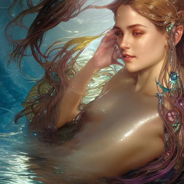 Image similar to close up portrait of a beautiful female mermaid, shiny skin, wet, artistic, magical water background with caustics, light rays, fantasy atmosphere. art by artgerm and greg rutkowski and alphonse mucha, highly detailed, intricate, lifelike. sci - fi, fantasy, magical, octane render, nikon d 8 5 0.