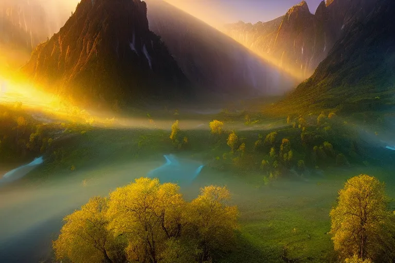 Prompt: landscape photography of fundatura ponorului by marc adamus, morning, mist, rays of light, beautiful