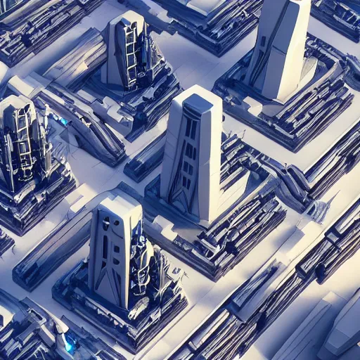 Image similar to an aerial view of a futuristic city in the mountains, a detailed matte painting by ricardo bofill, behance contest winner, generative art, isometric, greeble, terragen