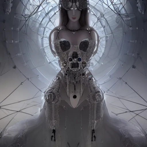 Prompt: female gothic robots with transparent head with mechanical brain, detailed transparent crystal face, sensual pose, dressed in white intricate lace and jewels, epic environment, matte painting, diffused lighting, highly detailed, cinematic, epic atmosphere, digital art, trending on artstation, wide angle