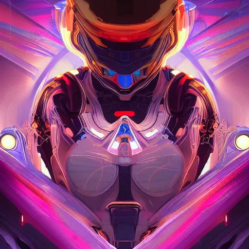 Image similar to symmetry, abstract futuristic robotic, psychedelic background, apex legends, epic lighting, illustration black outlining, ultra detailed, art by artgerm and greg rutkowski and alphonse mucha