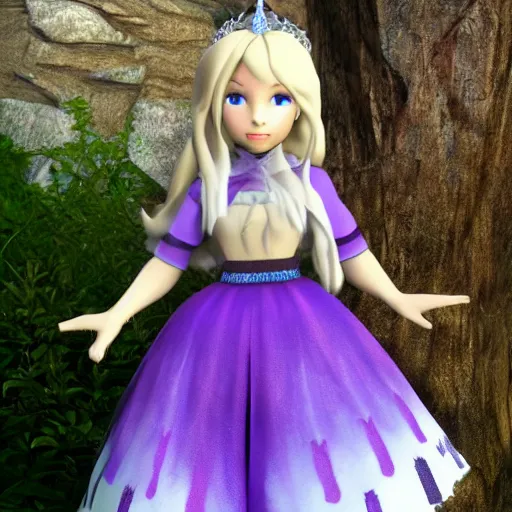 Image similar to Alicia is an honorable Princess Knights. She has straight blonde hair, purple eyes and platinum armor. Alicia has a tiny blue skirt that's mere decoration, and some brown leggings.