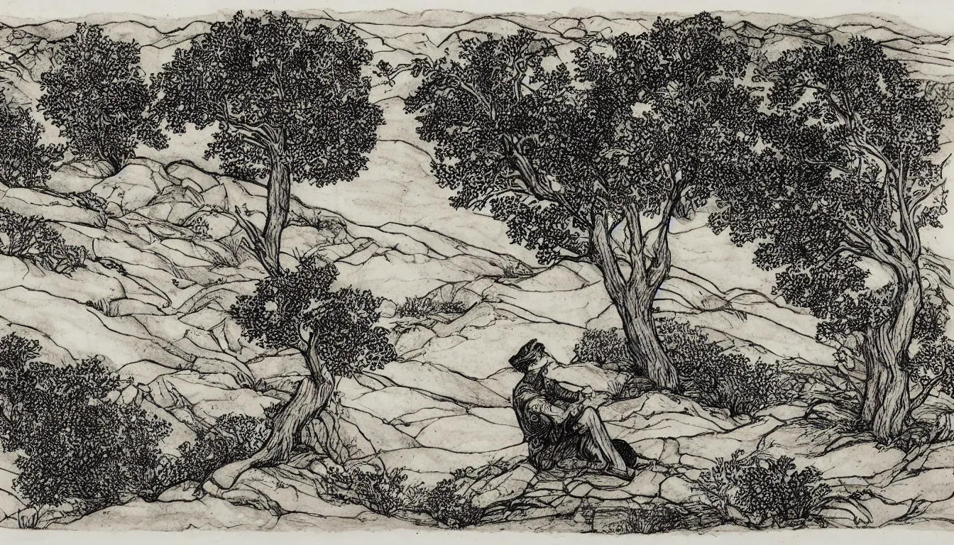Prompt: a person sits on a mountain side while wind blows through the trees, pen and ink, 1 5 0 0 s, 8 k resolution