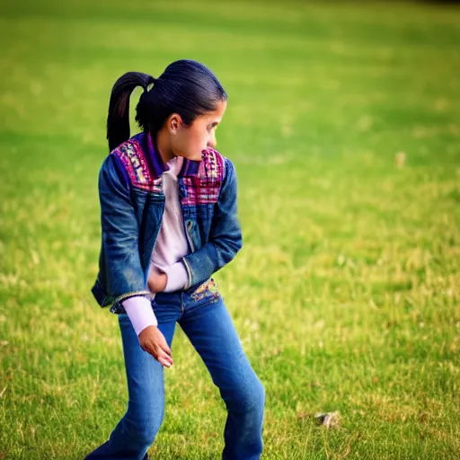 Image similar to a seven years old spanish girl plays on a great green meadow, she wears a jacket, jeans and boots, she has two ponytails, photo taken by a nikon, highly detailed, sharp focus