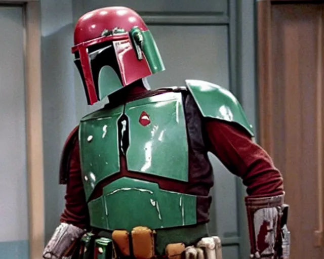 Prompt: a still image of boba fett in a 9 0 s sitcom