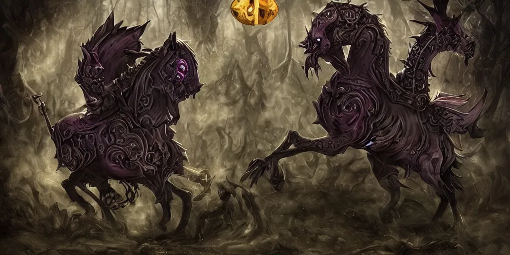 Prompt: a dark fantasy side view of a dark evil undead carousel horse, tim burton, world of warcraft, league of legends